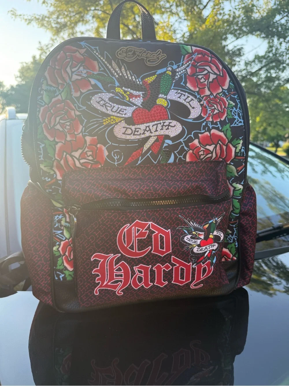 Ed Hardy Black & Red Floral 'True Death' Logo Backpack UNISEX